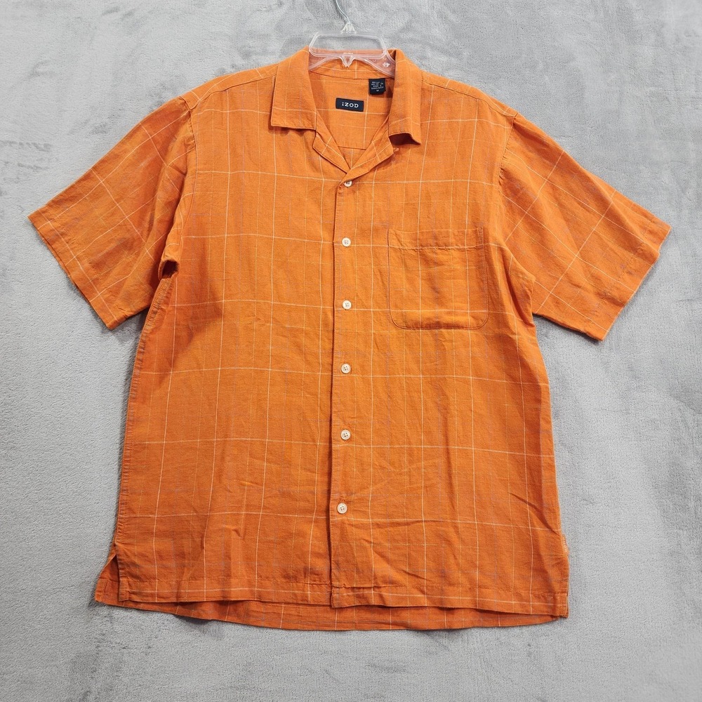 IZOD Shirt Mens M Orange Linen Cotton Plaid Short Sleeve Button Front Casual